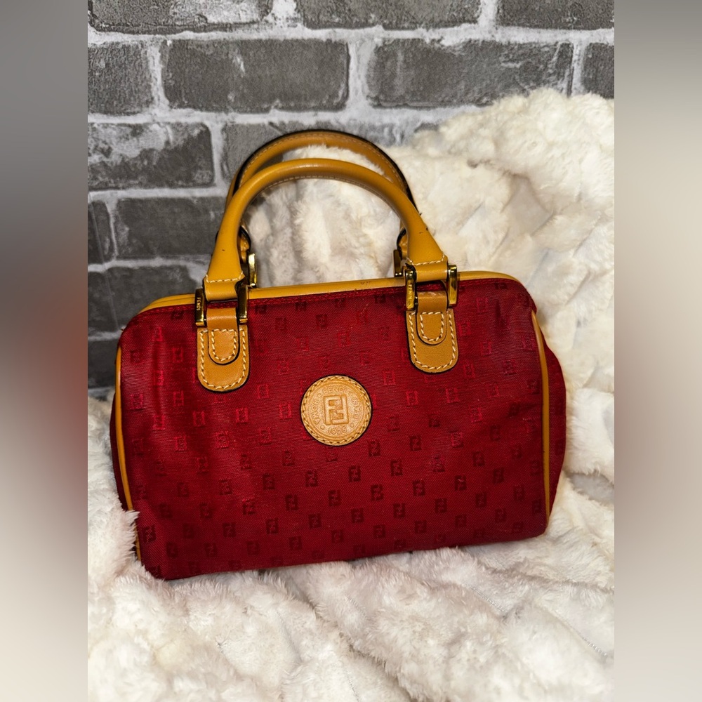 Fendi ❤️ Red FF Jacquard Mini Boston Satchel Bag. Vintage. With COA